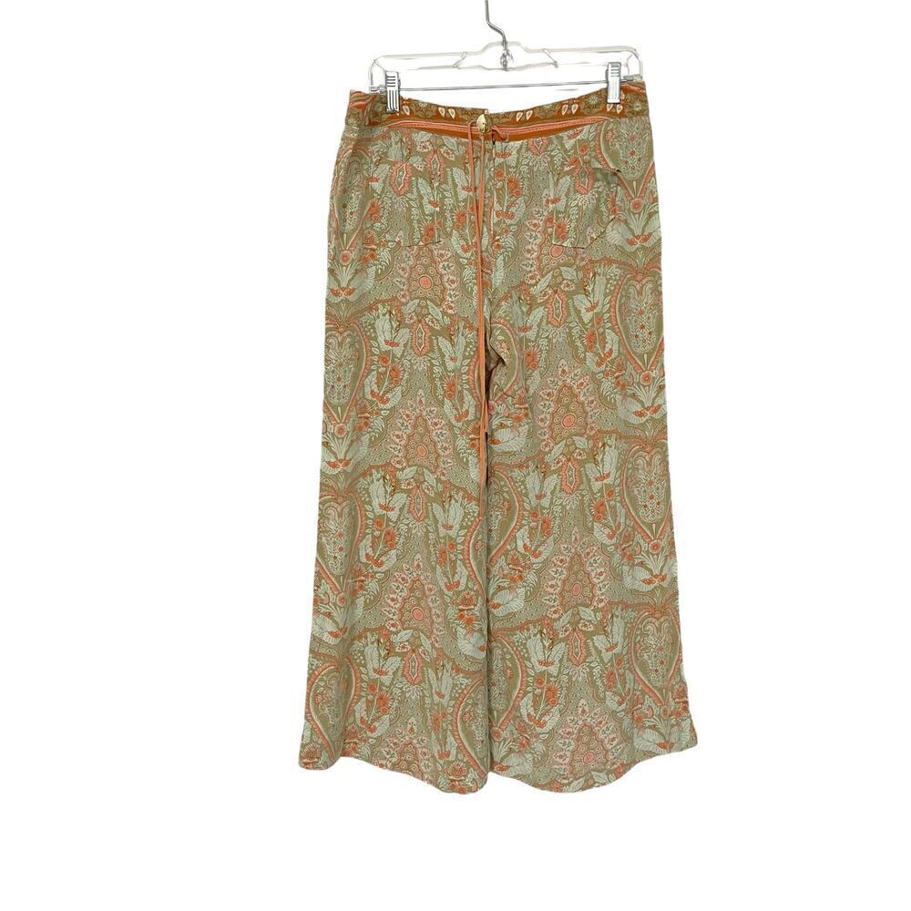 Pixley‎ Size 10 Y2K Green Orange Silk Boho Leaf Print Wide Leg Pants Tropical